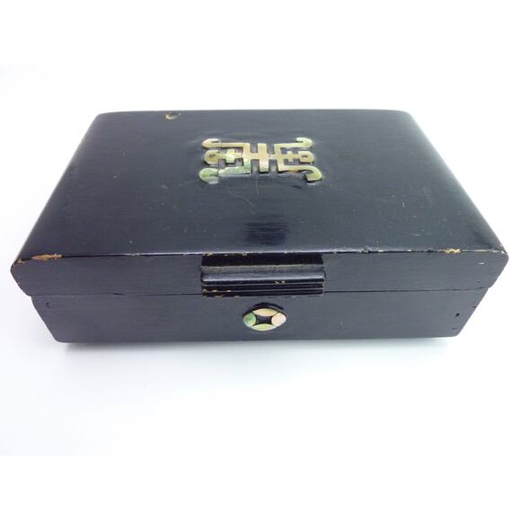 Vintage Chinese Asian Black Wood Jewelry Box Shou Mother of Pearl